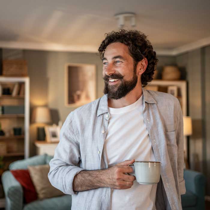 smiling man holding coffee cup at home